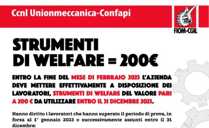 Ccnl Unionmeccanica-Confapi. Strumenti di welfare = 200€